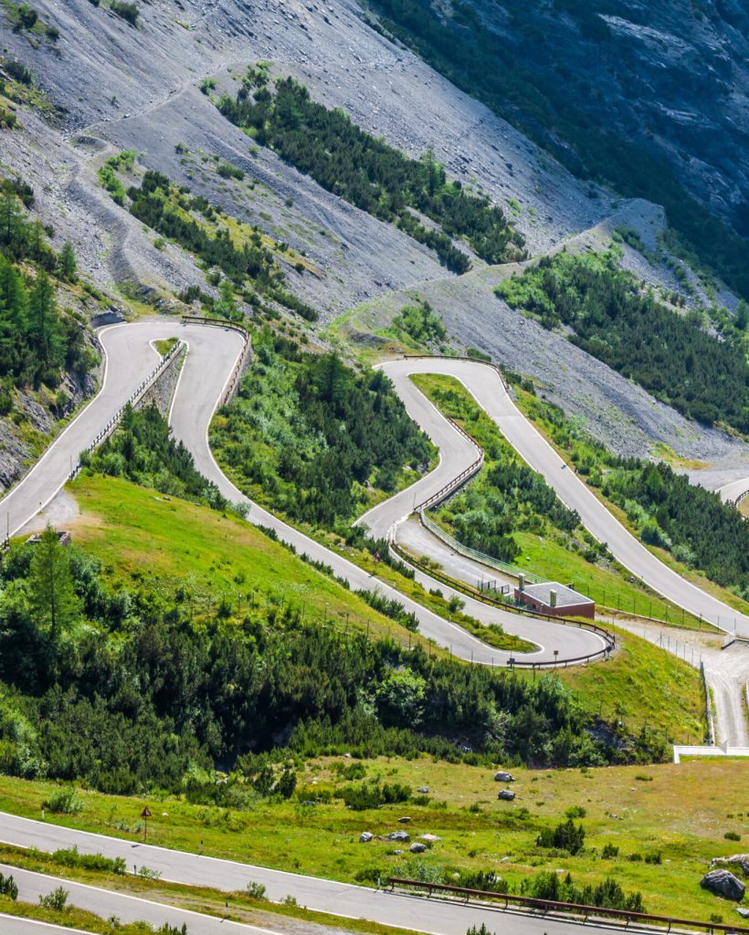 serpentine mountain road in Italian Alps, Stelvio pass, Passo dello Stelvio, Stelvio Natural Park